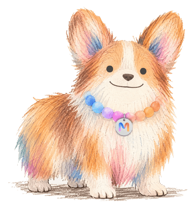 Bulka, the Morphika mascot: a watercolor corgi wearing a rainbow bead collar with an M tag, standing on the pier.